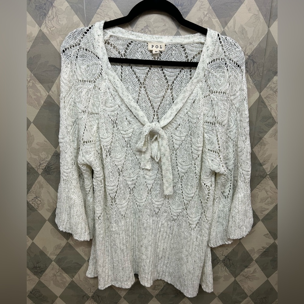 POL Ivory Open Knit Sweater with Bell Sleeves and Ties in the Front